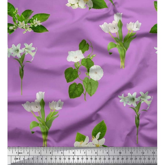 Soimoi Purple Cotton Cambric Fabric Leaves & White Floral Print Sewing Fabric BTY 56 Inch Wide