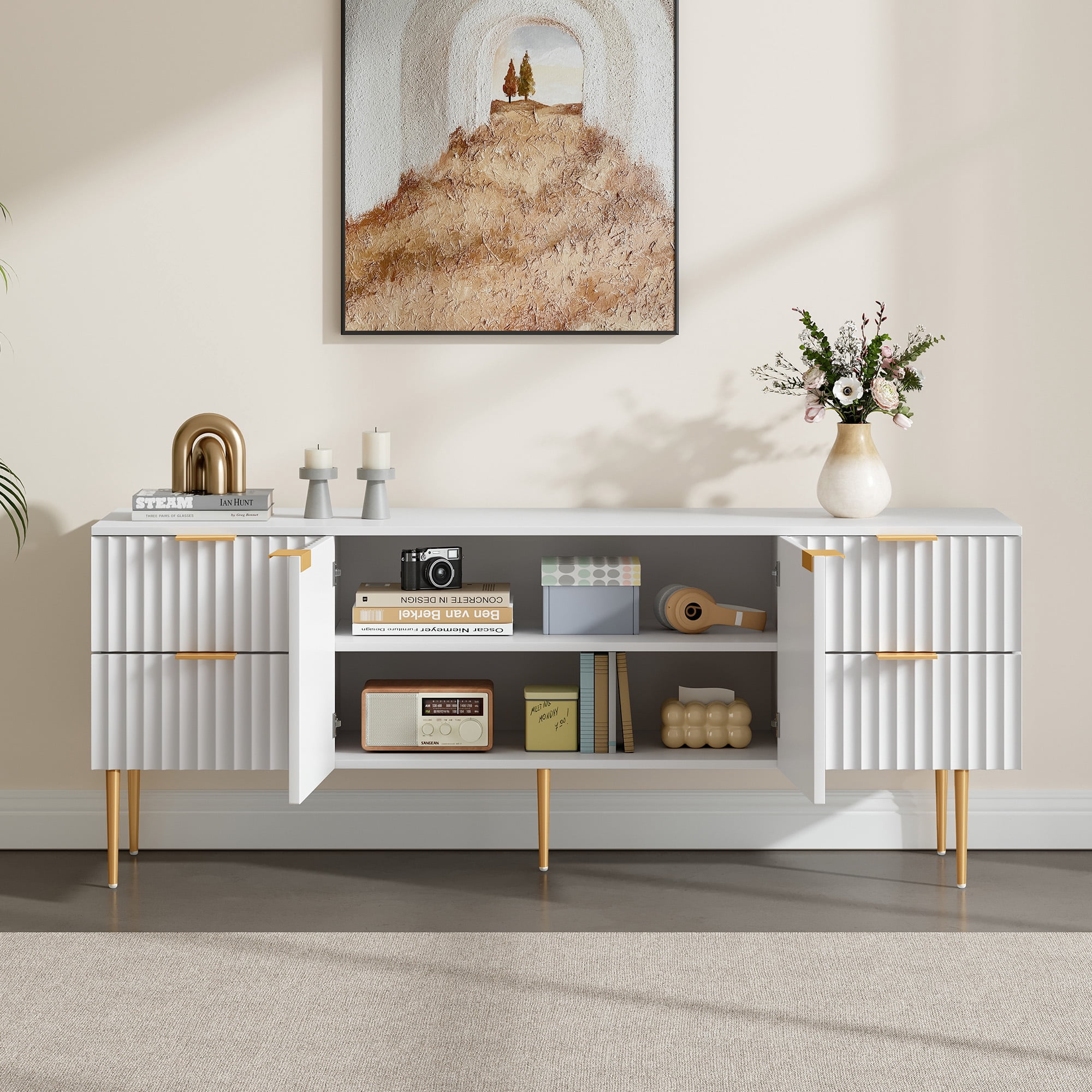 SICOTAS Modern Fluted TV Stand for TVs up to 70", High Glossy Entertainment Center with 2 Storage Cabinets & 4 Drawers, Tall Media Console Table for Living Room, White