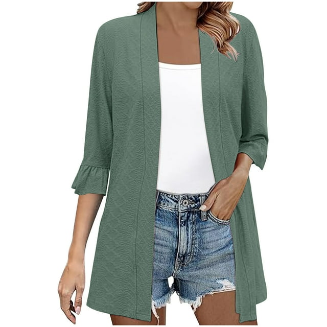 VEKDONE Ladies' Spring And Summer Casual Solid Color 3/4 Sleeve Quarter Sleeve Front Cardigan Army Green M