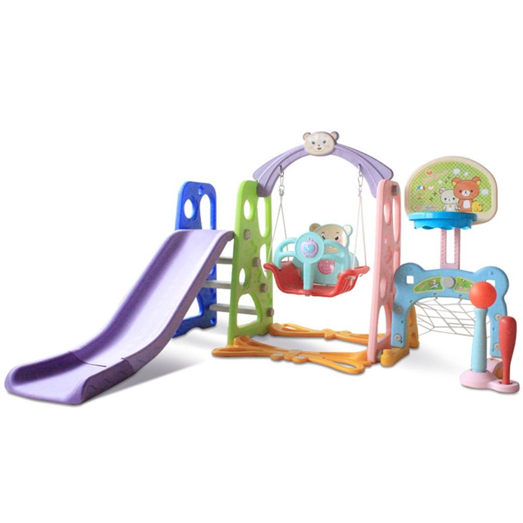 6 In 1 Kids Indoor And Outdoor Slide Swing And Basketball Football Baseball Set 