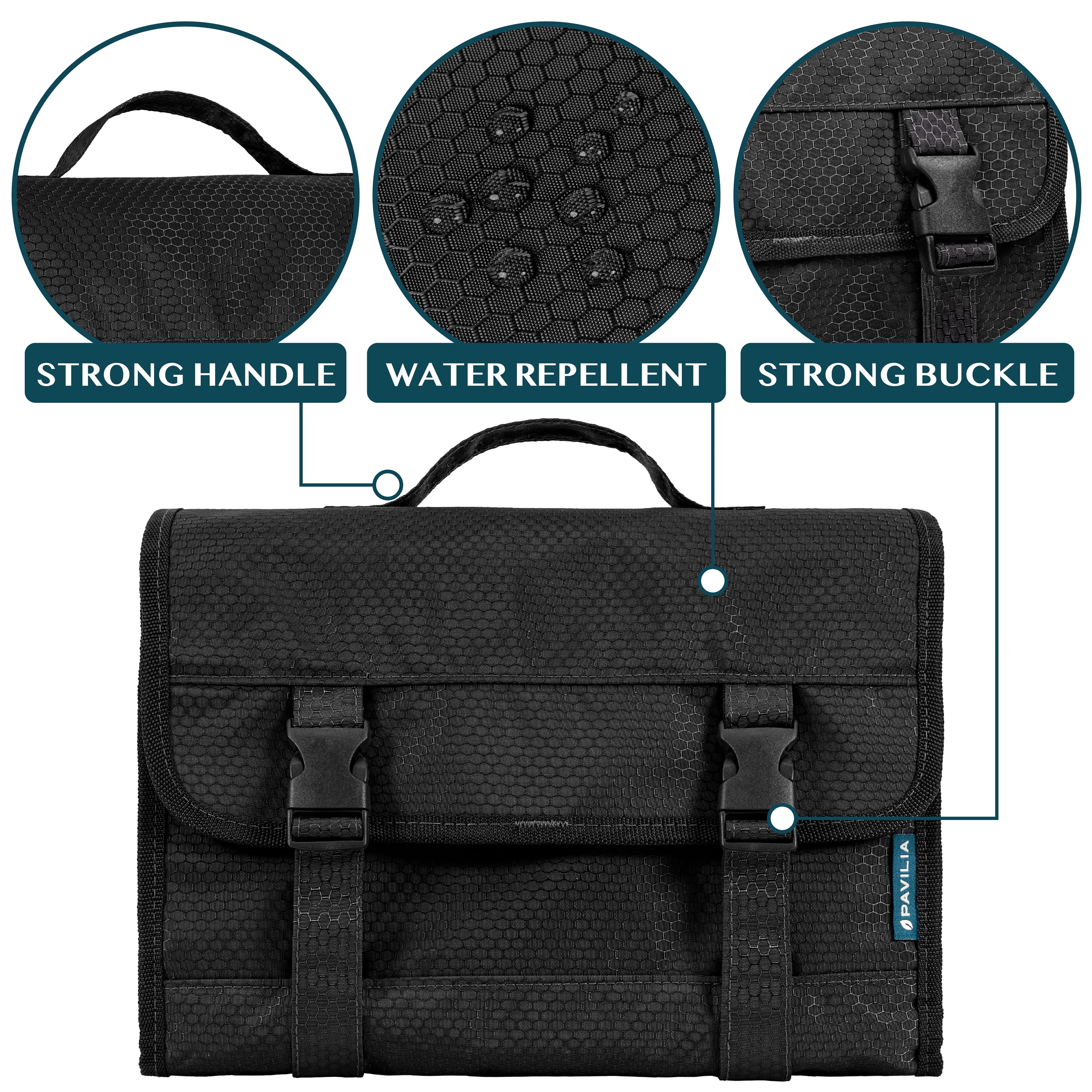 PAVILIA Travel Hanging Toiletry Bag for Women Men, Extra Large Capacity Makeup Bag Kit, Waterproof Cosmetic Storage Organizer Case for Bathroom Shower, Black