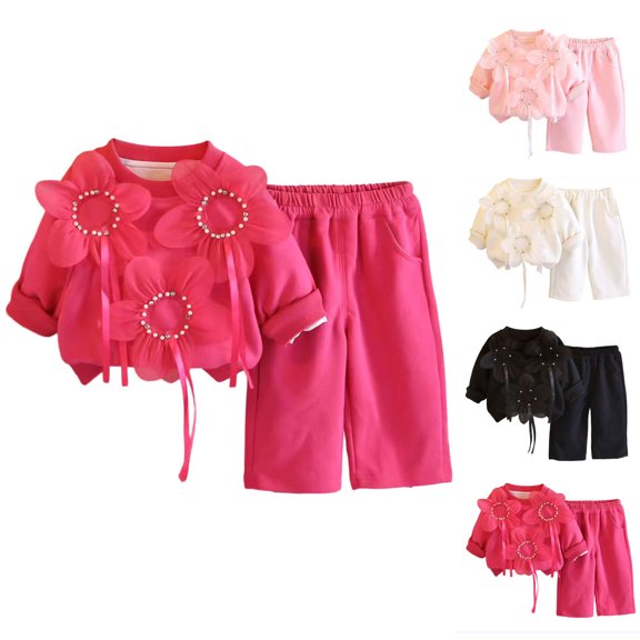 DJDLJWCJ Girls 2 Piece Outfit Set Solid Color Crewneck Sweatshirt Flower Printed with Elastic Waist Loose Pants Pink Size 5-6Years