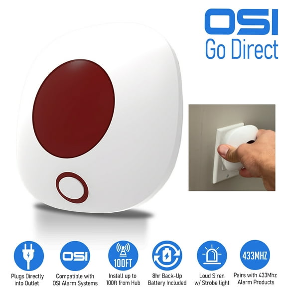 OSI Wireless Alarm Strobe Siren (Gen 2) - Accessory for OSI Smart Alarm System (Gen 2) ,Wi-Fi Wireless Strobe Siren, Plugs into Electrical Outlet, 8 Hour Back-up Lithium Battery