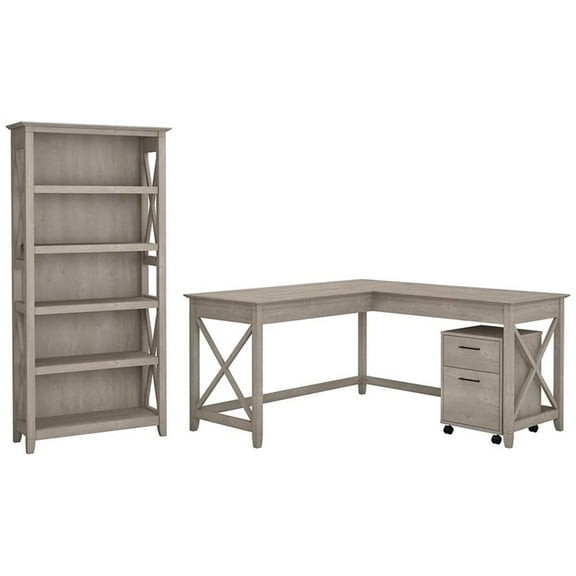 Scranton & Co Furniture Key West 60W L Desk w/ Cabinet & Bookcase in Washed Gray