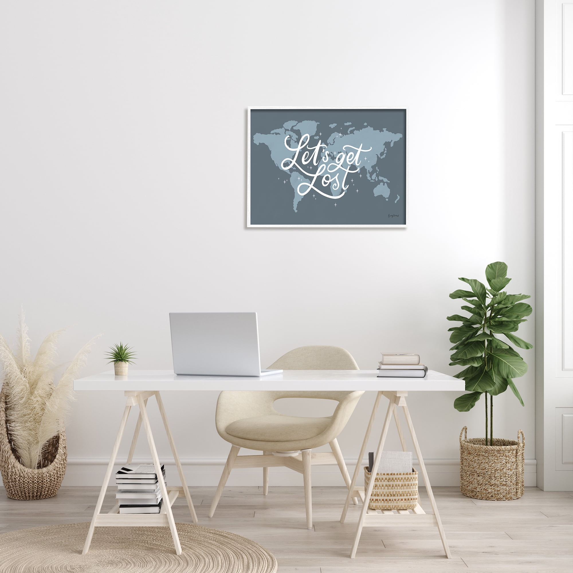 Stupell Industries Let's Get Lost Adventure Phrase Blue World Map Inspirational Painting White Framed Art Print Wall Art, 24 x 30
