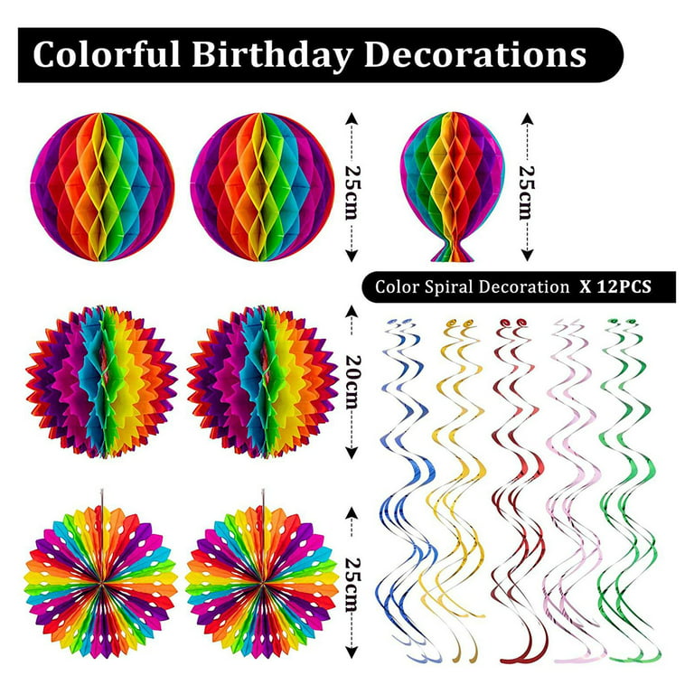  Birthday Party Decorations Pack Colorful Happy Birthday Banner,  Honeycomb Balls, Tissue Paper Tassel, Pennants Banner, Confetti and Hanging  Swirl for Party Decoration : Toys & Games
