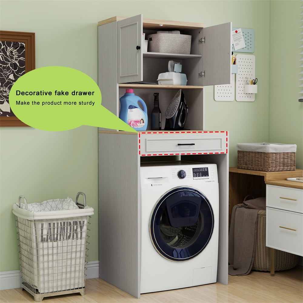 YINGYING  Over The Washer and Dryer Storage Shelf, Wooden Laundry Room Storage Organizer with 1 Door & Adjustable Shelf