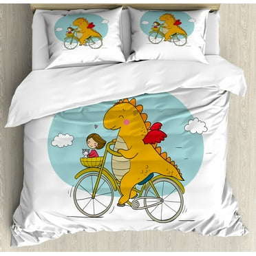 Dinosaur Bicycle Duvet Cover Set King Size, Happy Friendly Dragon Traveler with a Girl and a Cat Nursery Cartoon Print, 3 Piece Bedding Set with 2 Pillow Shams, Multicolor, by Ambesonne