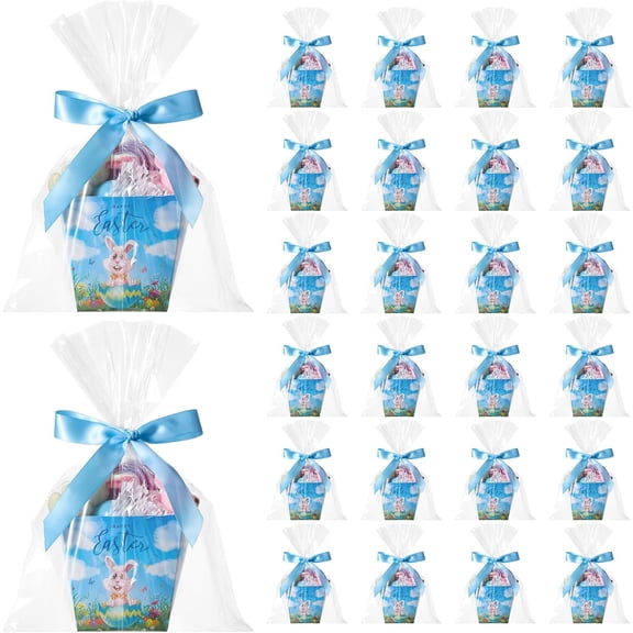 Easter Treat Boxes with Gift Wrap and Ribbon, basket containers for bunny candy, snack, cookies, popcorn; suitable for spring party favors supplies