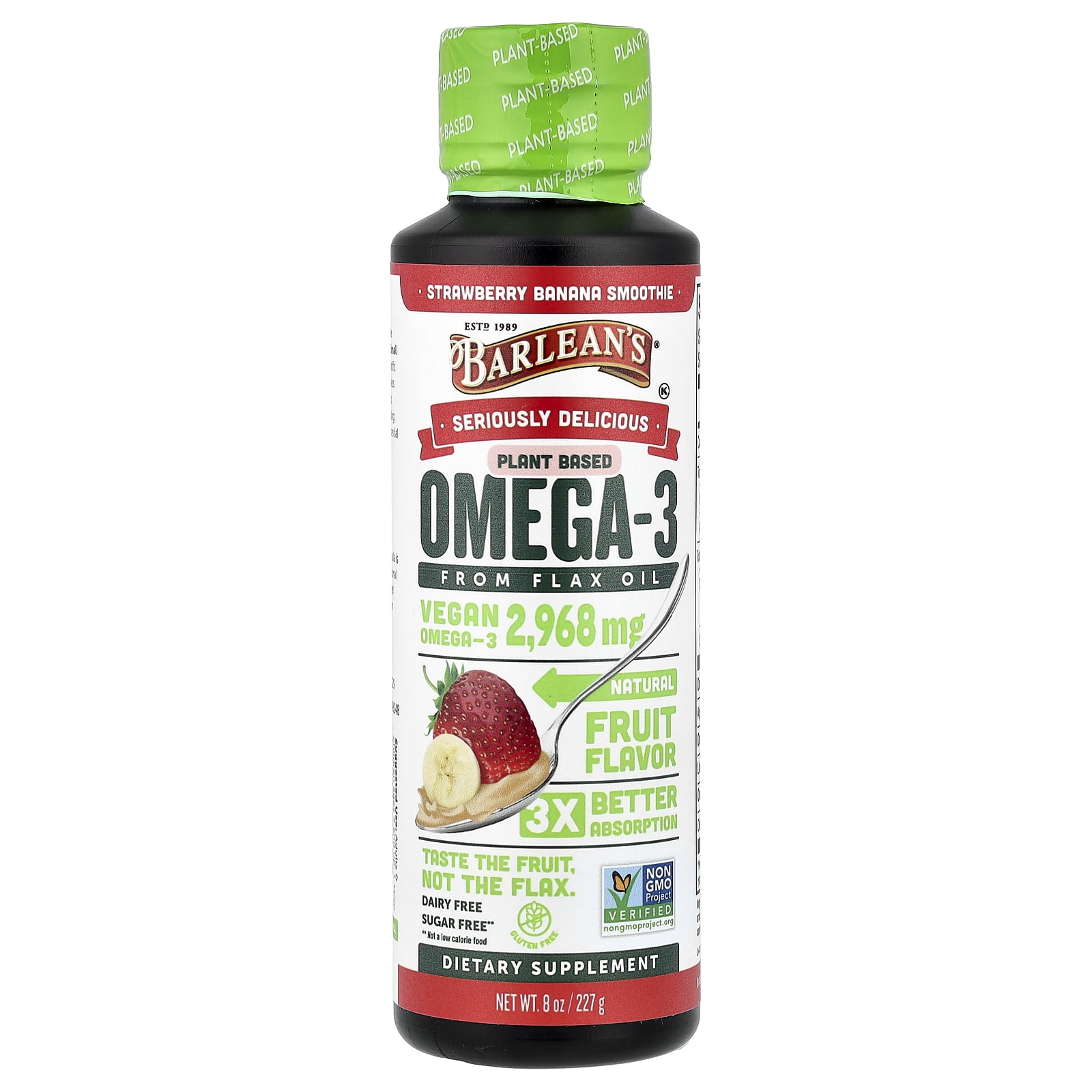 Barlean's Seriously Delicious®, Plant Based Omega-3 fFom Flax Oil, Strawberry Banana Smoothie, 8 oz (227 g)