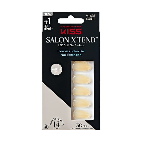 Kiss Salon X-tend LED Gel Nail Kit Press On Nails, Solid Yellow, Medium Almond, 30 Count