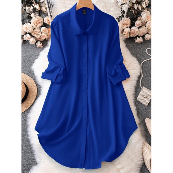 Royal Blue Solid Turn-Down Collar Button-Front Half Sleeve Shirt Dress For Women