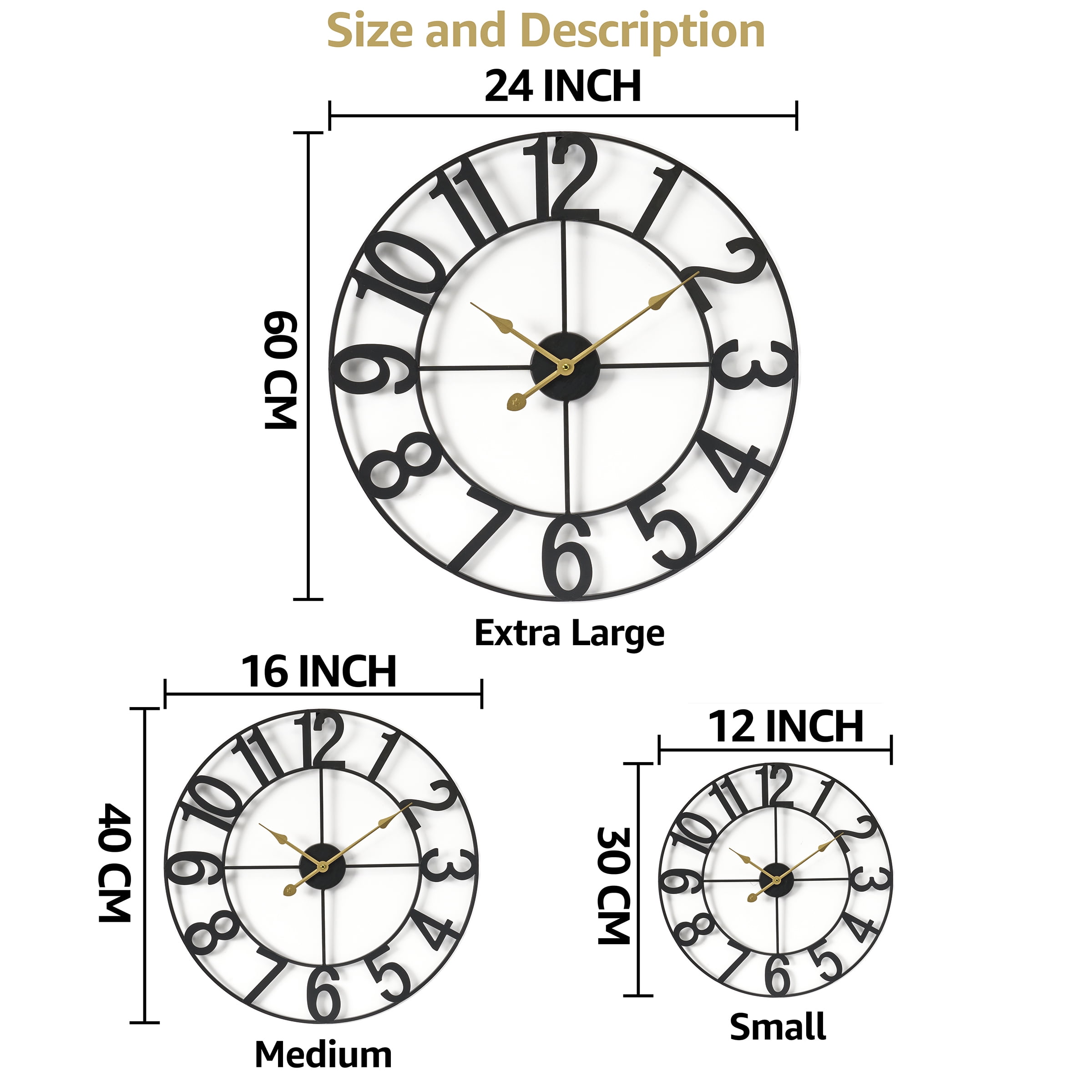 Sorbus Large Metal Numerical Wall Clock for Living Room Decor (Black, 16" Diameter)