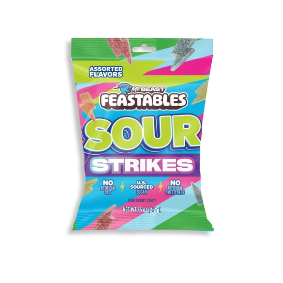 Feastables MrBeast Sour Strikes, Assorted Flavor Sour Gummy Candy, 7.5 oz Bag