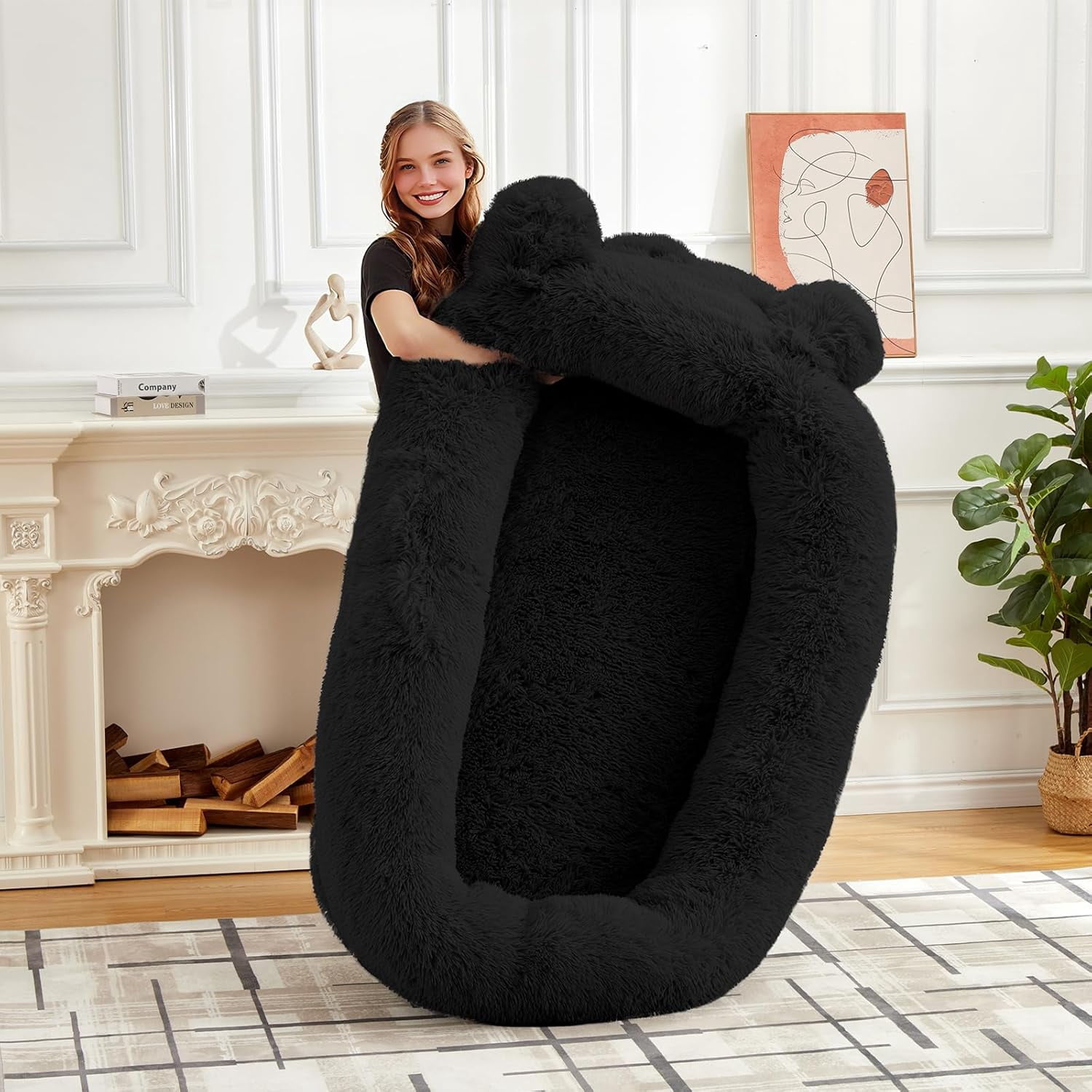 Human Sized Dog Bed, 70.87" x 45" x 12" Large Dog Bed with 2 Storage Pockets, Faux Fur Orthopedic Pet Bean Bed for Adults & Giant Pets - Black