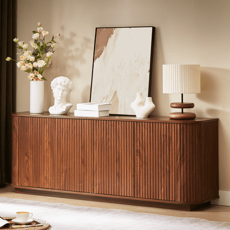TrumanPick Large Buffet Sideboard Cabinet, 64" Fluted Modern Buffet Table, TV Stand with 4 Doors for Bedroom, Living Room, Entryway,Walnut