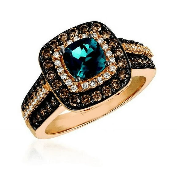 Natural London Blue Topaz & Brown Diamond Wedding Ring - 14k Rose Gold Finish - Anniversary Gift