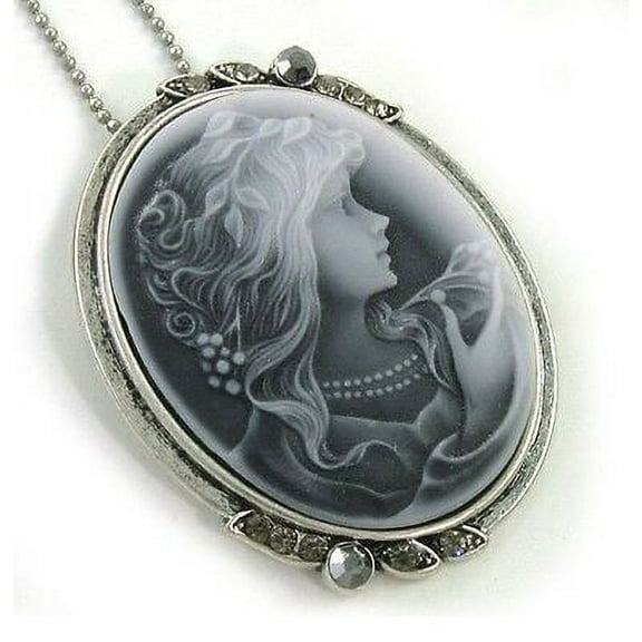Antique VTG Style Gray Oval Cameo Lady Necklace Pendant