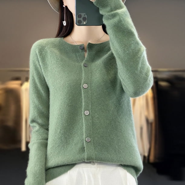 Suéter de lana de otoño e invierno, cárdigan de cuello redondo, suéter casual de color sólido para mujer, ropa de mujer a juego