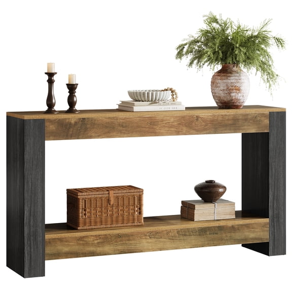 Fnova 62.99" 2-Tier Open Storage Console Table, Two-Tone Sofa Table for Entryway Hallway Living Room Foyer Decor