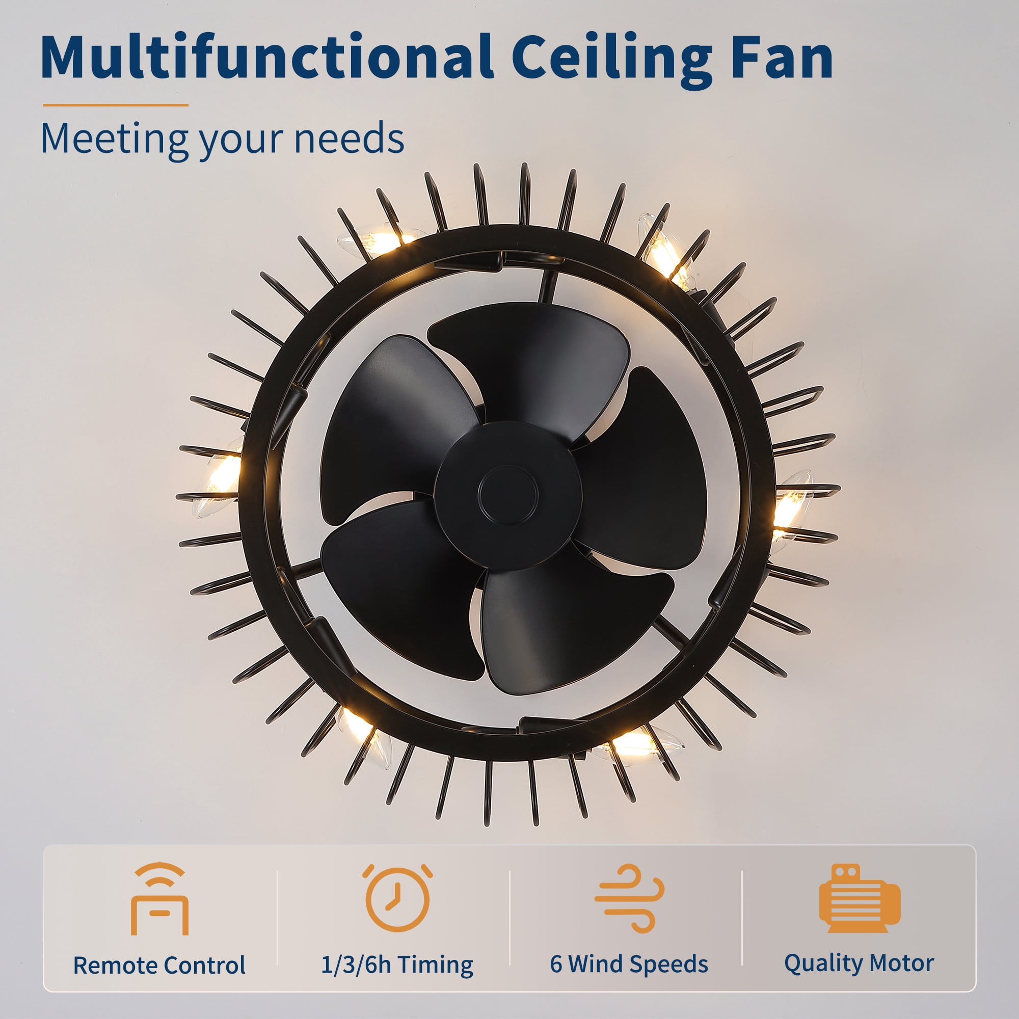Leumius 20" Black Industrial Flush Mount Ceiling Fan with Lights, Low Profile Fandelier with E12 Sockets, Reversible DC Motor, 6 Speeds, Quiet Ceiling Fan for Bedroom Kitchen Dining Room Farmhouse