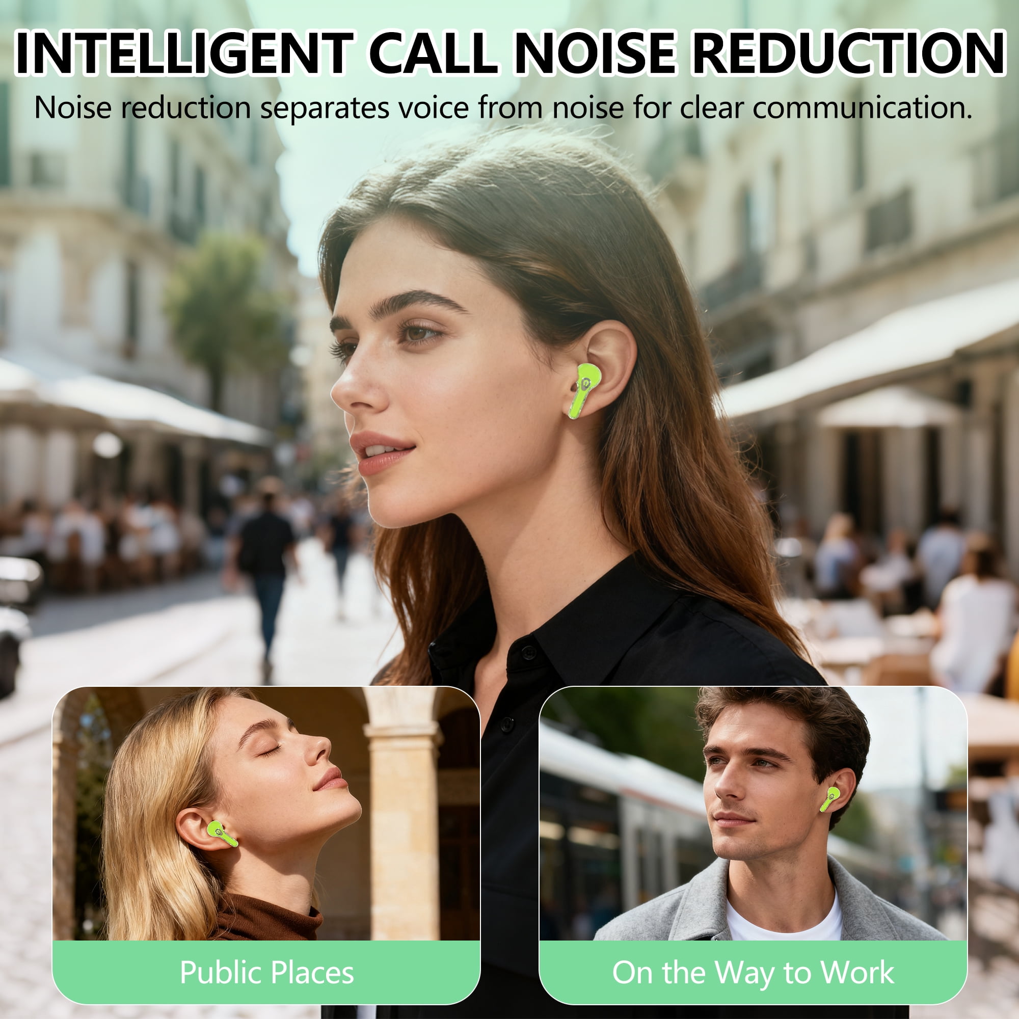 ENC Wireless Bluetooth Earphone, Smart Touch Screen Headphone, 24h Playtime for Sports & Working, Stereo Sound Headphone for iOS/Android/Windows, Green