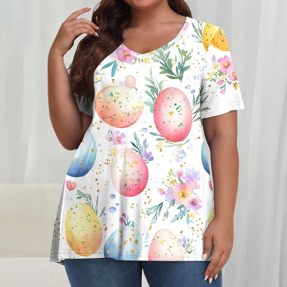 Hfnxid Women Plus Size Easter Top Floral Bunny Graphic T-Shirts Fashion Loose Fit Short Sleeve Shirt Holiday Beach Vacation Casual Tops Multicolor XXL