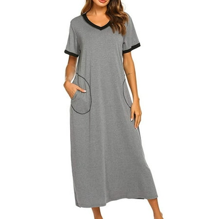 

Sanviglor Women Pajama Solid Color Nightgown Short Sleeve Sleep Dress Lounge Night Gowns Nightdress Sleepwear Silver Gray 2XL