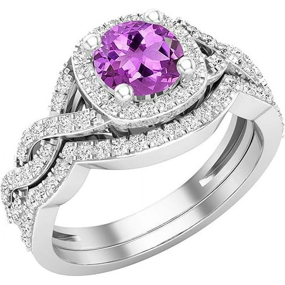 Divine Creation 14K White Gold Plated 925 Sterling Silver 2.50 Ct Round Cut Purple Amethyst Engagement Wedding Christmas Thanksgiving Bridal Ring Set For Women's -6