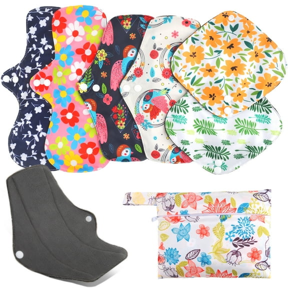 7 in 1 Reusable Menstrual Pads,Breathable Cloth Pads,6 PCs Sanitary Pads Set with Wings for Women,Washable Overnight Reusable Panty Liners Period Pads