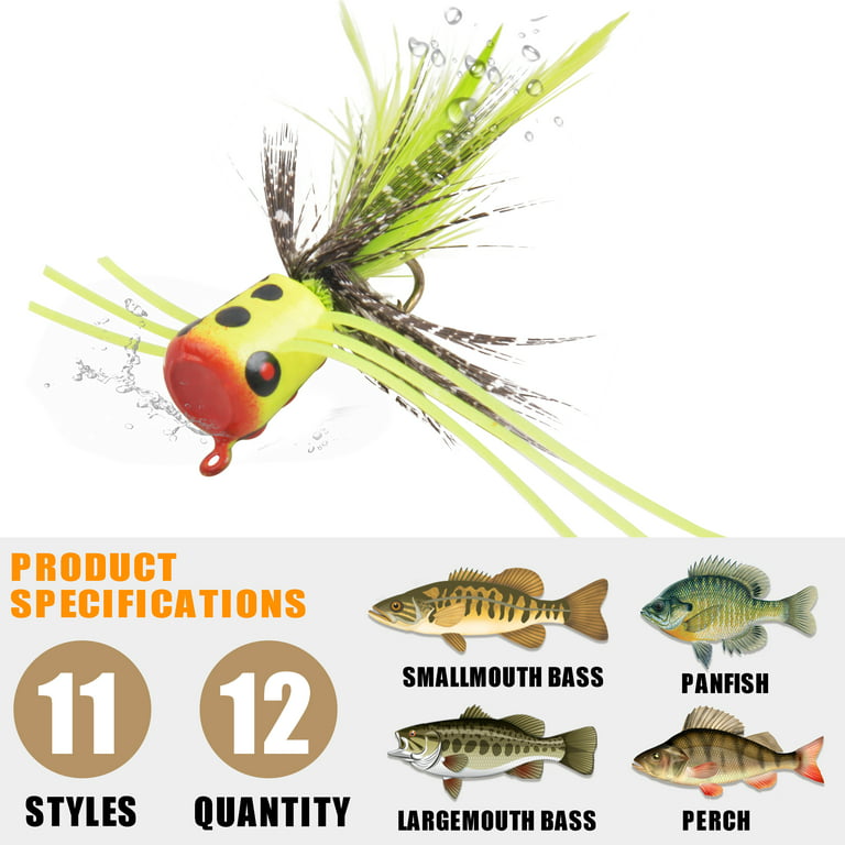 OROOTL Fly Fishing Popper Flies, 12pcs Fly Popper Lures Bass Panfish  Bluegill Crappie Popping Bug Sunfish Trout Salmon Poppers Flys Kit for Fly