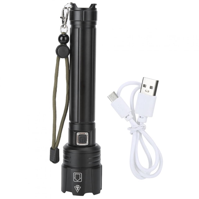 Linterna LED P90 superbrillante IPX4 resistente al agua, linterna táctica con Zoom y carga USB con pantalla de alimentación para acampar al aire libre, color negro