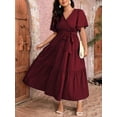 thumbnail image 5 of Burgundy Plus Size V-Neck Wrap Maxi Dress With Tiered Ruffle Hem And Self-Tie Waist Belt, Short Sleeve, 5 of 8