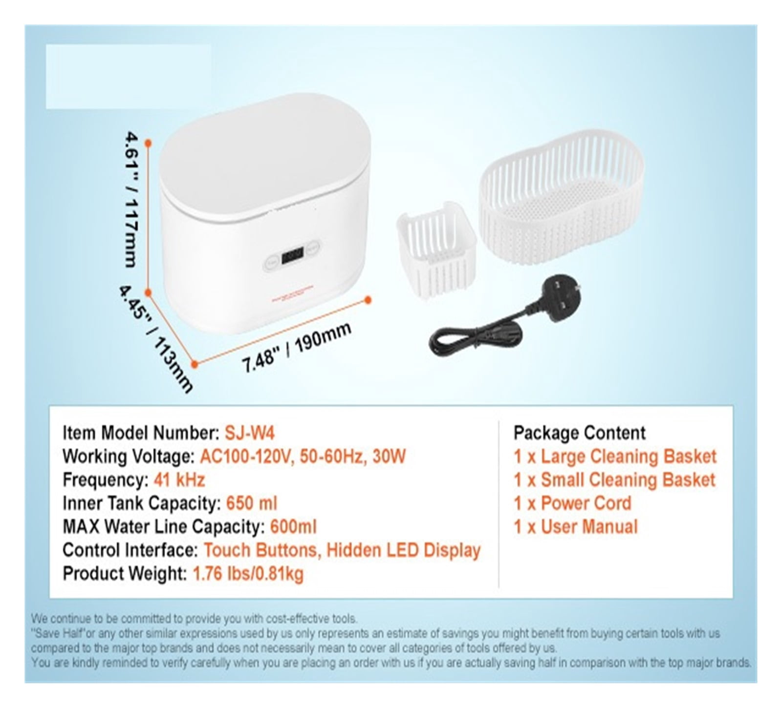 200/450/650ml Portable Ultrasonic Cleaner Machine with 4 Timer Modes Cleaning Basket for Eyeglasses Watches Dentures Rings