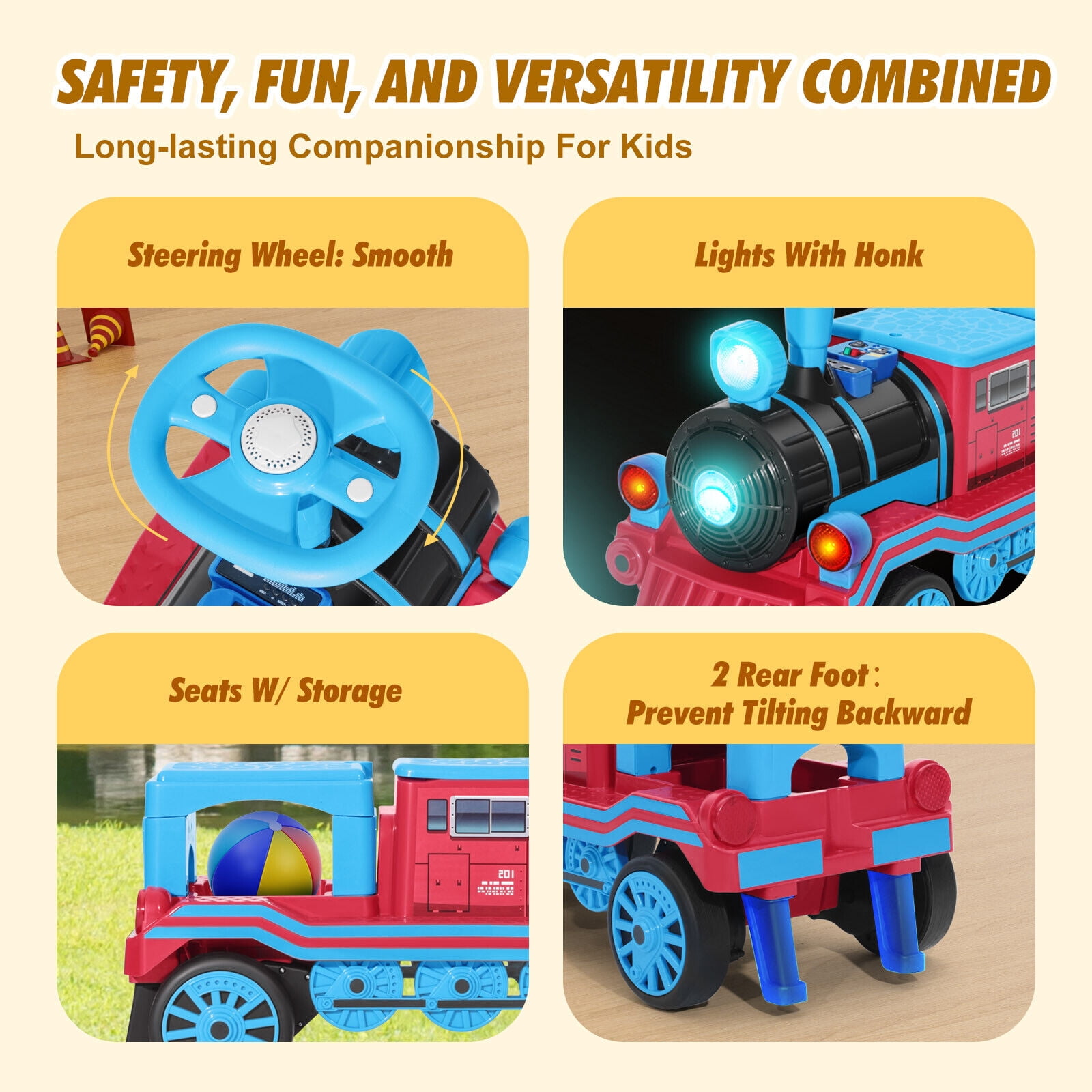 Blue 2-Seater 12V Electric Kids Ride On Train Toy Car Boys Girls Gift w/2 Speed,Music,Lights,Honk,Storage,USB,Support to 110LBS