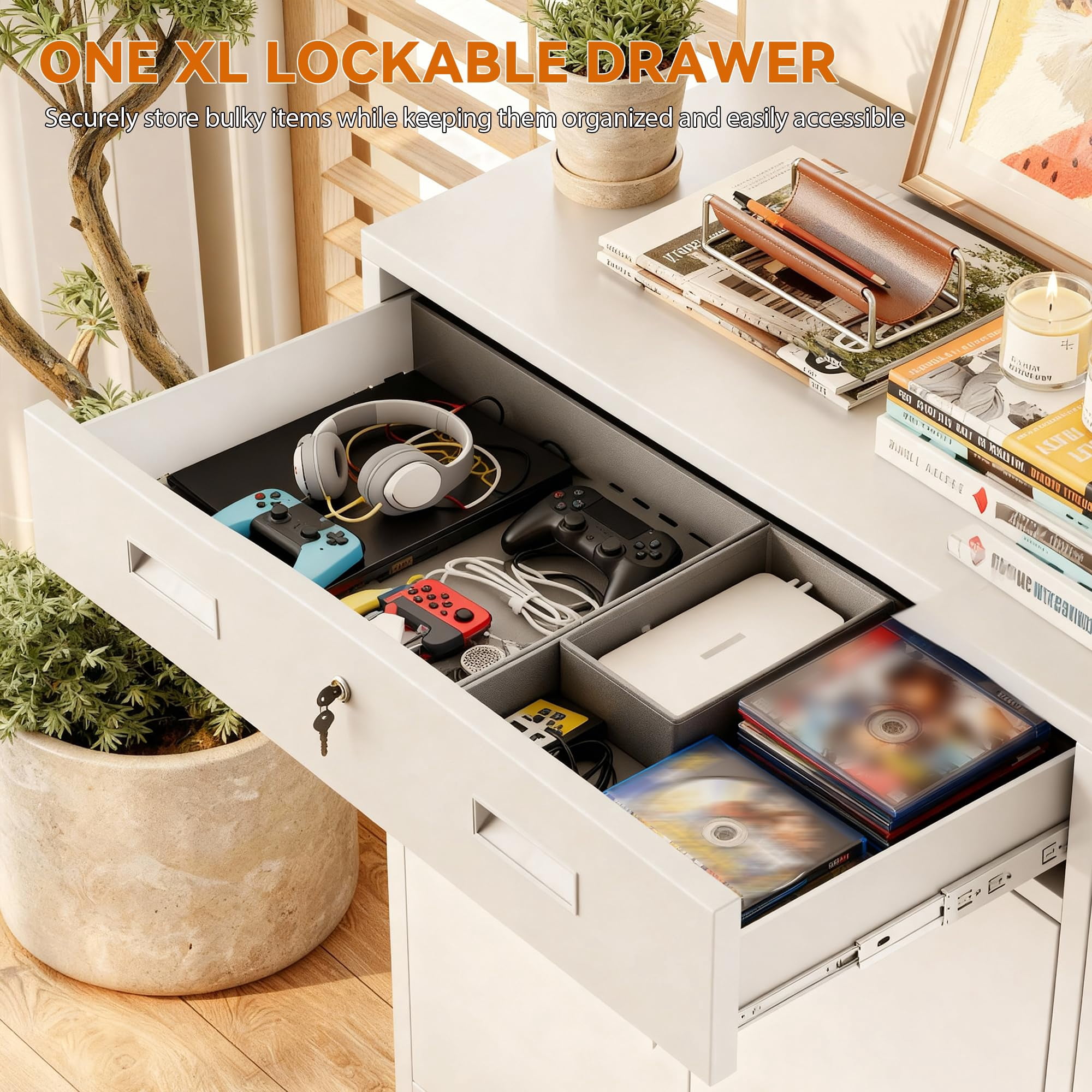 BESFUR Metal Garage Storage Cabinet with 2 Doors and 1 Drawer, Locking Stoage Cabinet for Garage, Classroom and Office - White
