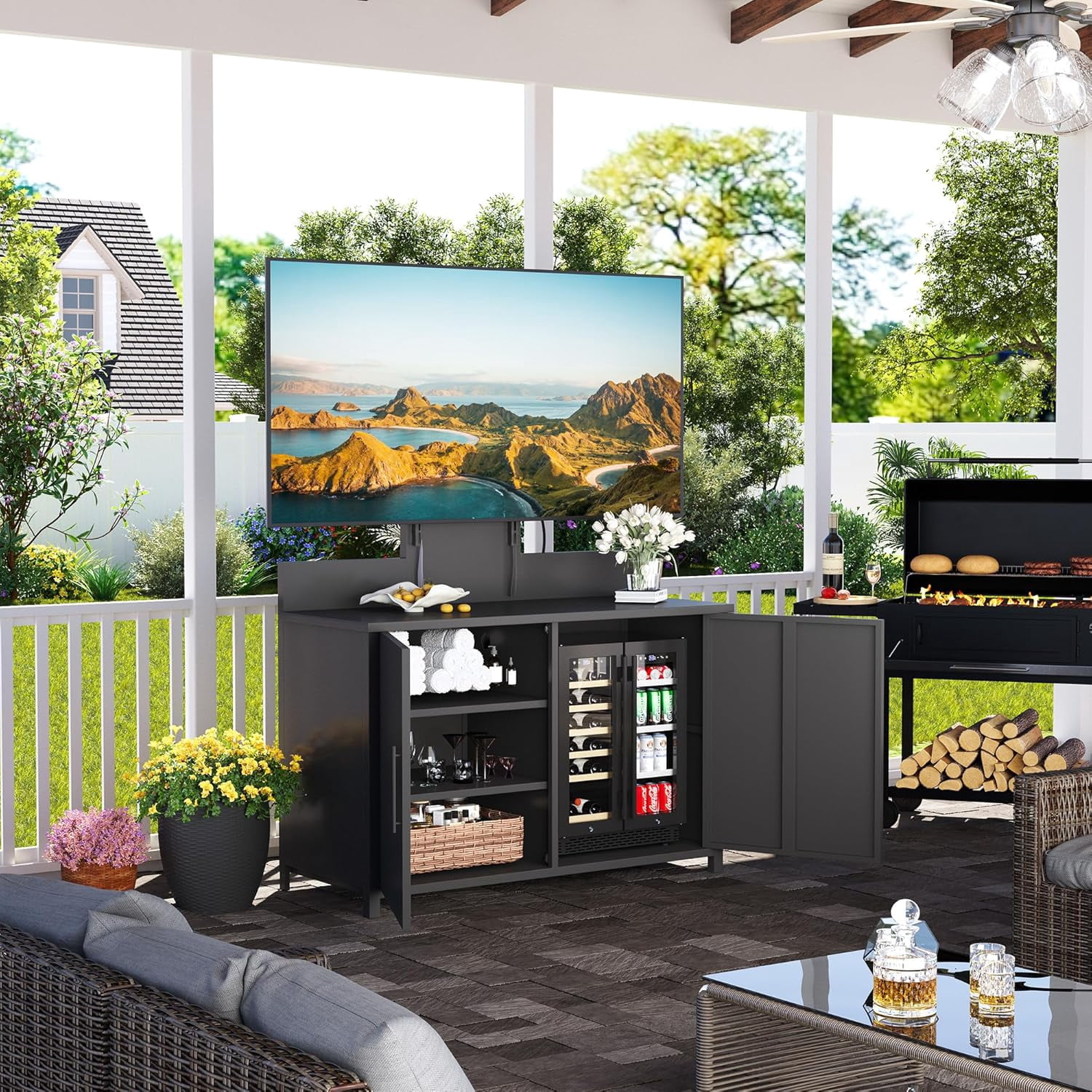 YODOLLA Outdoor Storage Cabinet with TV Mount for 40–85 Inch TVs, Outdoor TV Stand with Storage Cabinet Waterproof, Heavy Duty Metal Entertainment Center for Mini Fridge Storage in Black