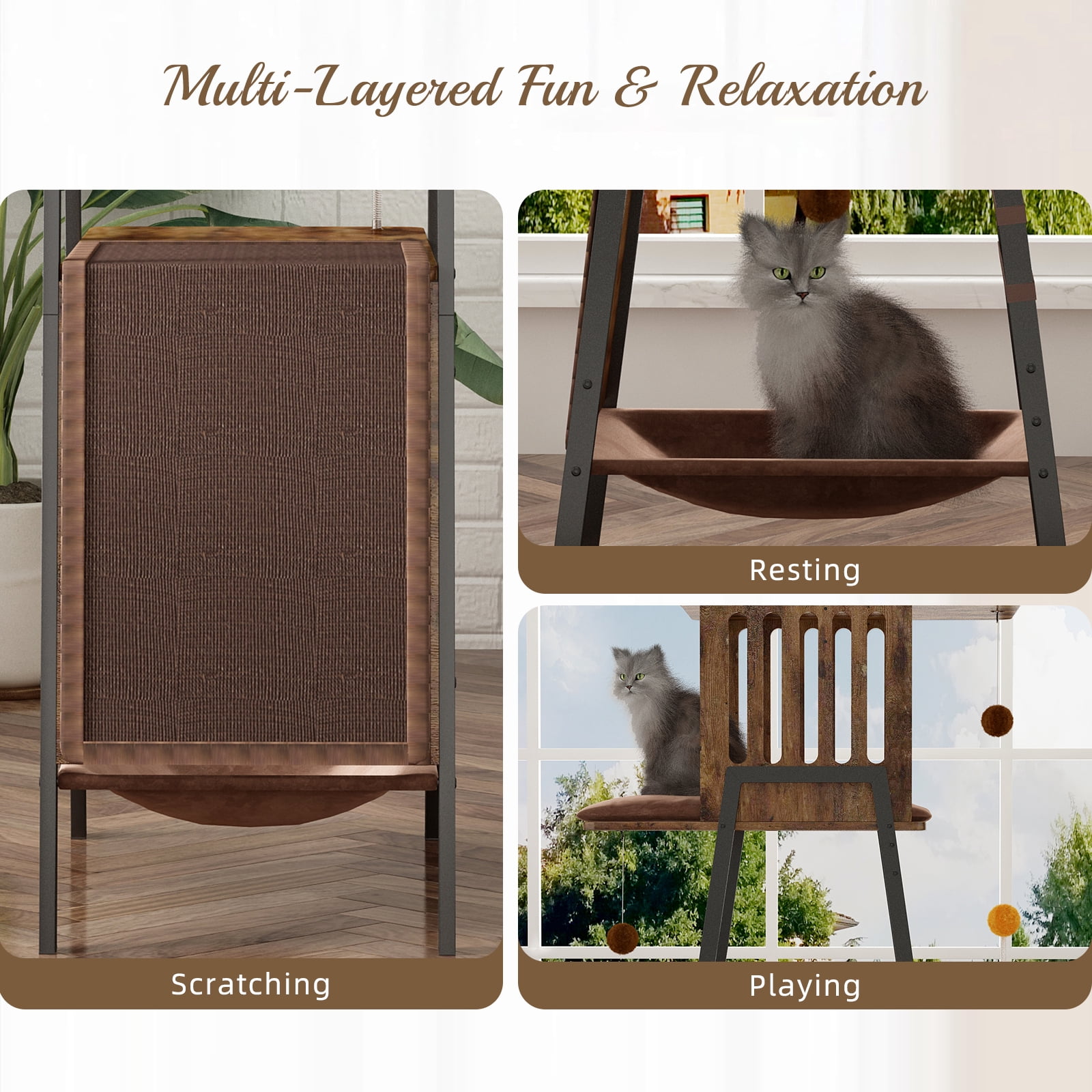 Modern Cat Tree, 58-Inch Cat Tower for Large Cats, Maine Coon Cat Tree with Scratching Board, Large Perch, Hammock and Removable Pads, Rustic Brown