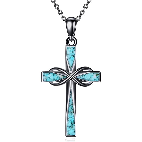 JUSORA Cross Necklace Sterling Silver Turquoise/Opal Cross Pendant Necklace Religious Jewelry Gifts