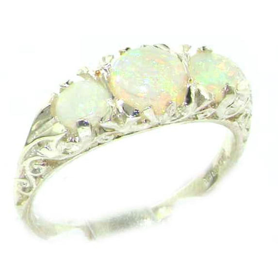 LBG British Made VINTAGE style Solid 10K White Gold Natural Fiery Opal Trilogy Ring