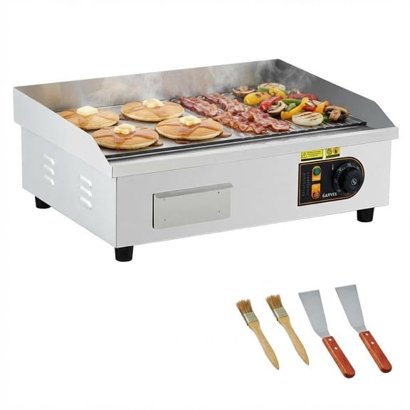 22" Electric Griddle 1700W Countertop Half-Flat Top Grill, Stainless Steel, 122°f-572°f Adjustable Temp, with 2 Shovels & 2 Brushes, for Home/Restaurant