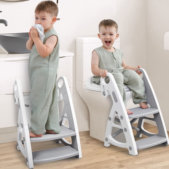 Primlect Potty Training Toilet Seat, 2 in 1 with Ladder, Adjustable Height ,for Ages 1-3, Gray