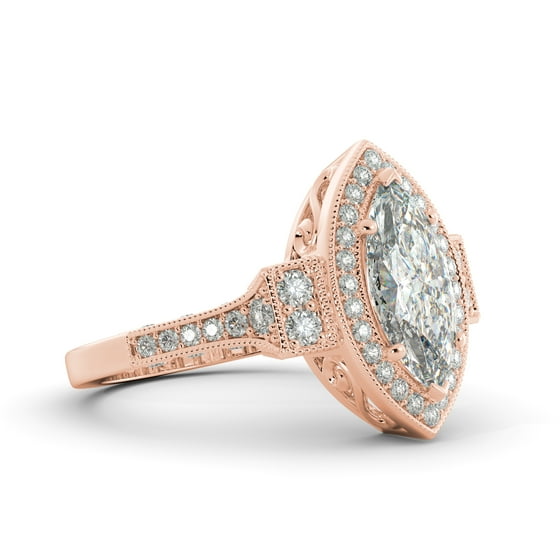 2.40 ct C&C Brilliant Moissanite Marquise & Diamond Engagement Ring 14k R Gold