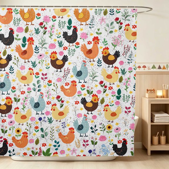 Erosebridal Chicken Shower Curtain 72Wx72L for Girls, Wildflower Garden Waterproof Bathroom Curtain