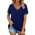thumbnail image 2 of JINMGG Womens Tops under $5 Women's Fashion Patchwork Short Sleeve Tops V Neck Casual Packets Shirts Loose Blouse Navy L, 2 of 8