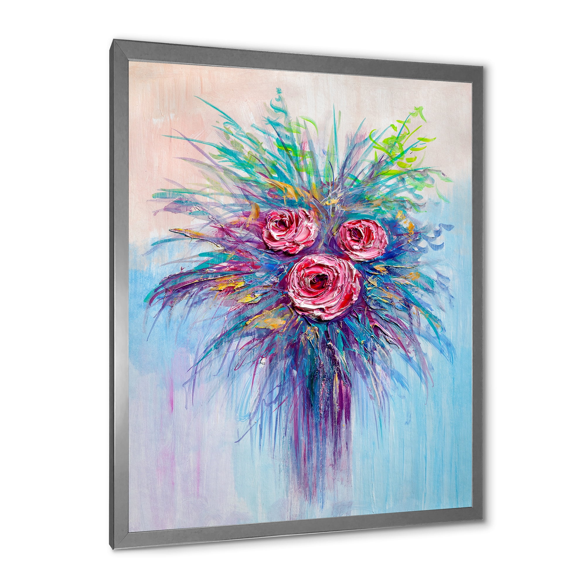 Designart 'Bouquet Of Red Roses In A Vase On Blue' Traditional Framed Art Print