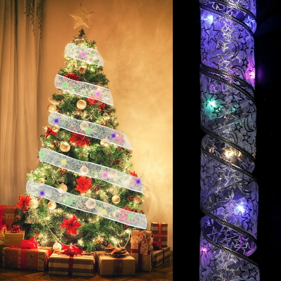 Christmas Tree Ribbon Light, 3.28Ft 10 LEDs Ribbon Bows Light, Battery Powered Christmas Tree Decorations String Light for Party Wedding Christmas Tree (Silver, Multicolor Light)
