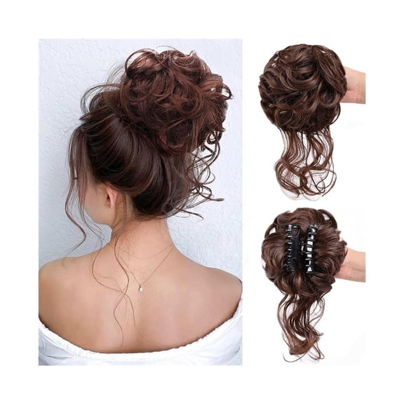 Messy Bun Hair Piece Claw Clip in Wavy Curly Chignon Synthetic Tousled Updo Hair Extensions with Tendrils