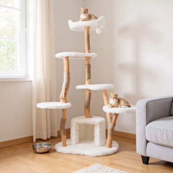 Pefilos 66" Solid Wood Cat Tree Tower for Indoor, Modern Cat Condo with Scratching Post, Cat Climbing Tree House Furniture, White