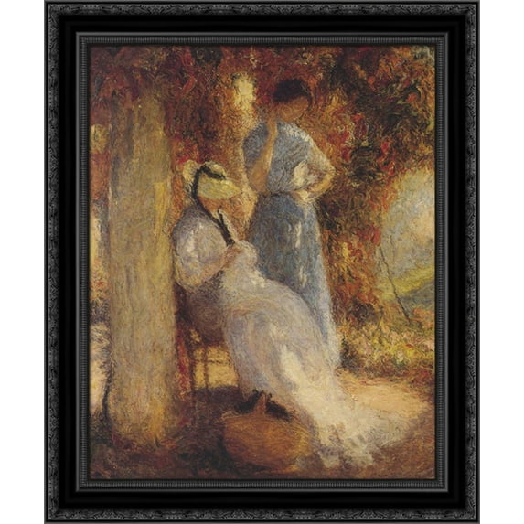Sewing at Marquayrol 20x24 Black Ornate Wood Framed Canvas Art by Martin, Henri